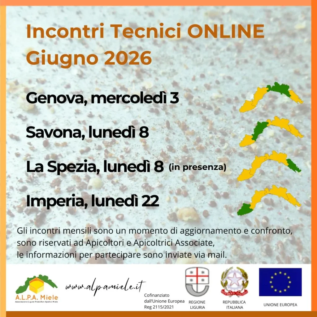 Locandina degli incontri tecnici di giugno organizzati da ALPA Miele in Liguria nel 2026