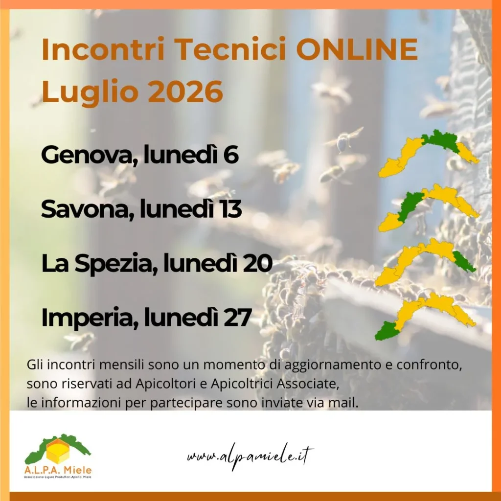 Locandina degli incontri tecnici di luglio organizzati da ALPA Miele in Liguria nel 2026
