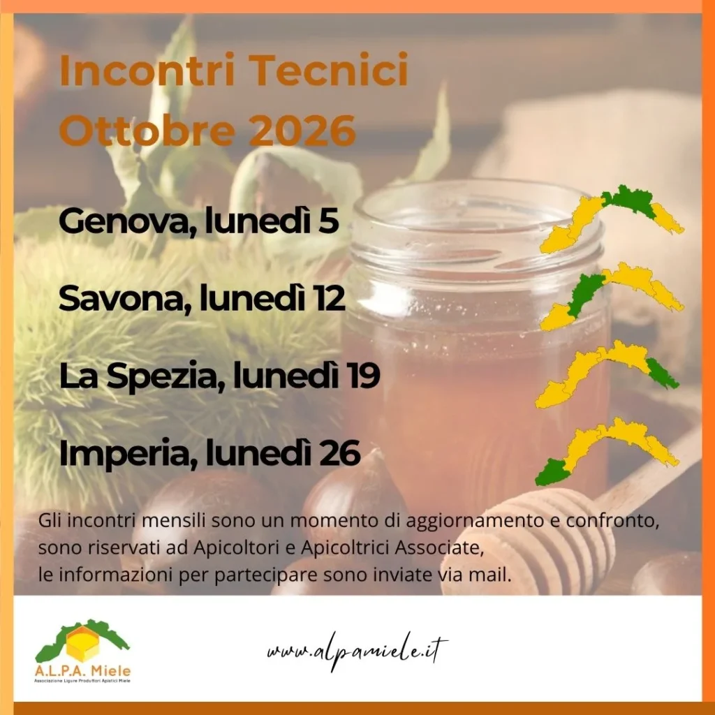 Locandina degli incontri tecnici di ottobre organizzati da ALPA Miele in Liguria nel 2026