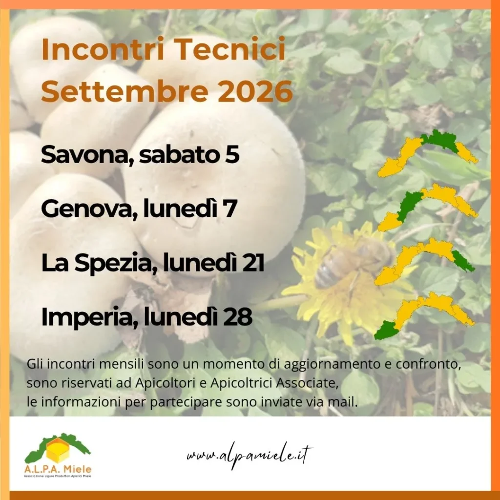 Locandina degli incontri tecnici di settembre organizzati da ALPA Miele in Liguria nel 2026