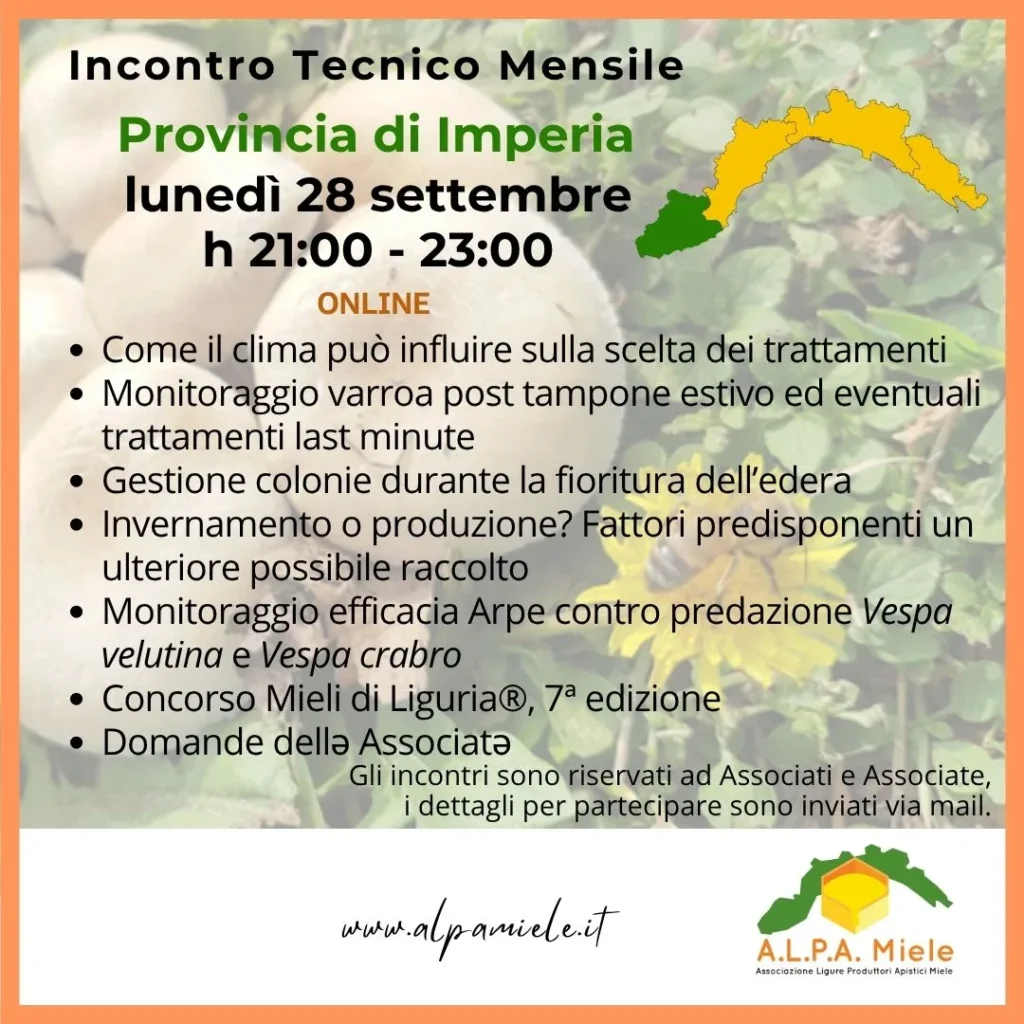 Locandina dell’incontro tecnico online di Imperia organizzato da ALPA Miele nel settembre 2026