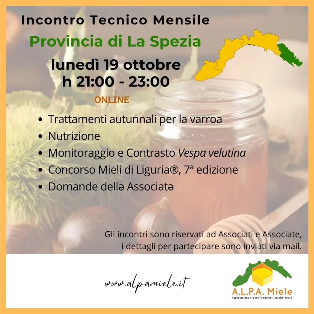 Locandina dell’incontro tecnico online di La Spezia organizzato da ALPA Miele nell'ottobre 2026