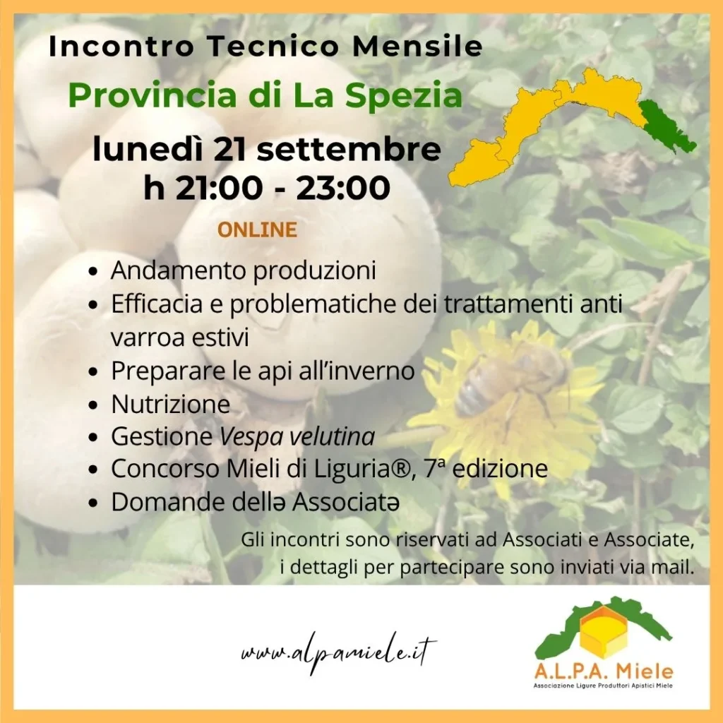 Locandina dell’incontro tecnico in presenza di La Spezia organizzato da ALPA Miele nel settembre 2026