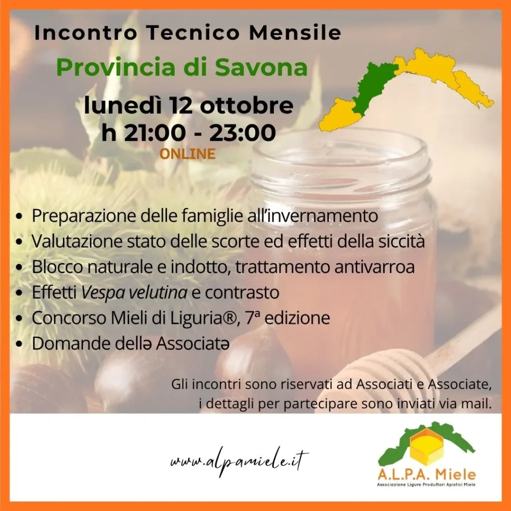 Locandina dell’incontro tecnico online di Savona organizzato da ALPA Miele nell'ottobre 2026